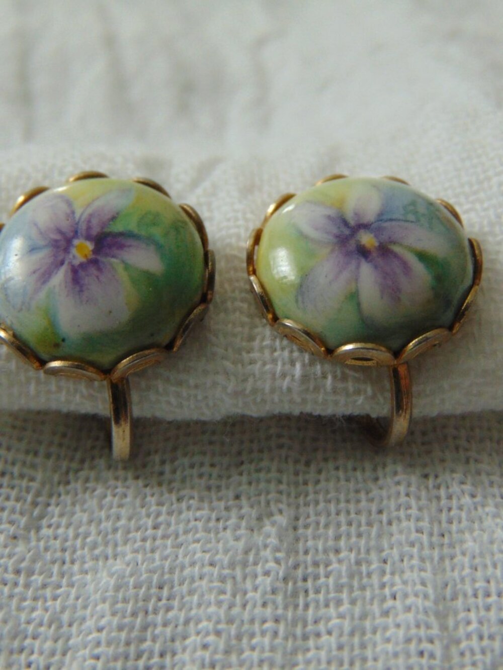 vintage antique hand painted porcelain Violets clip on earrings
